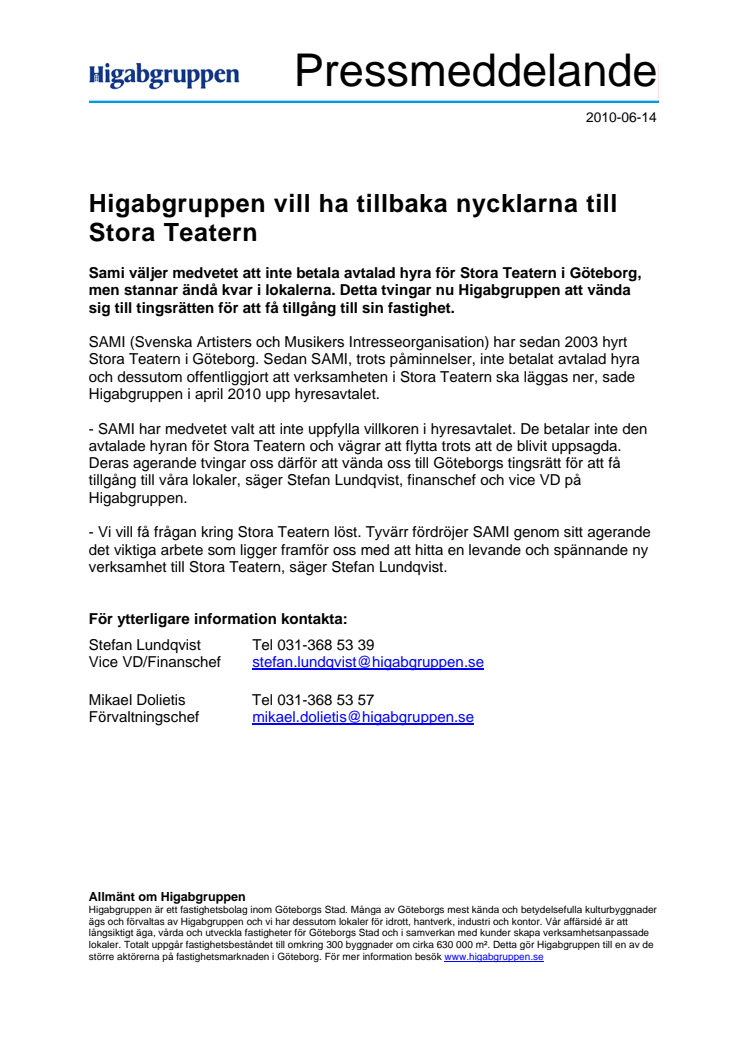 Higabgruppen vill ha tillbaka nycklarna till Stora Teatern