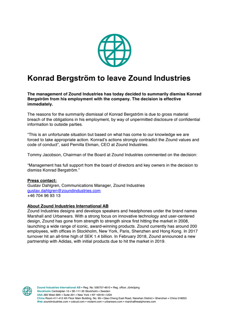 Konrad Bergström to leave Zound Industries