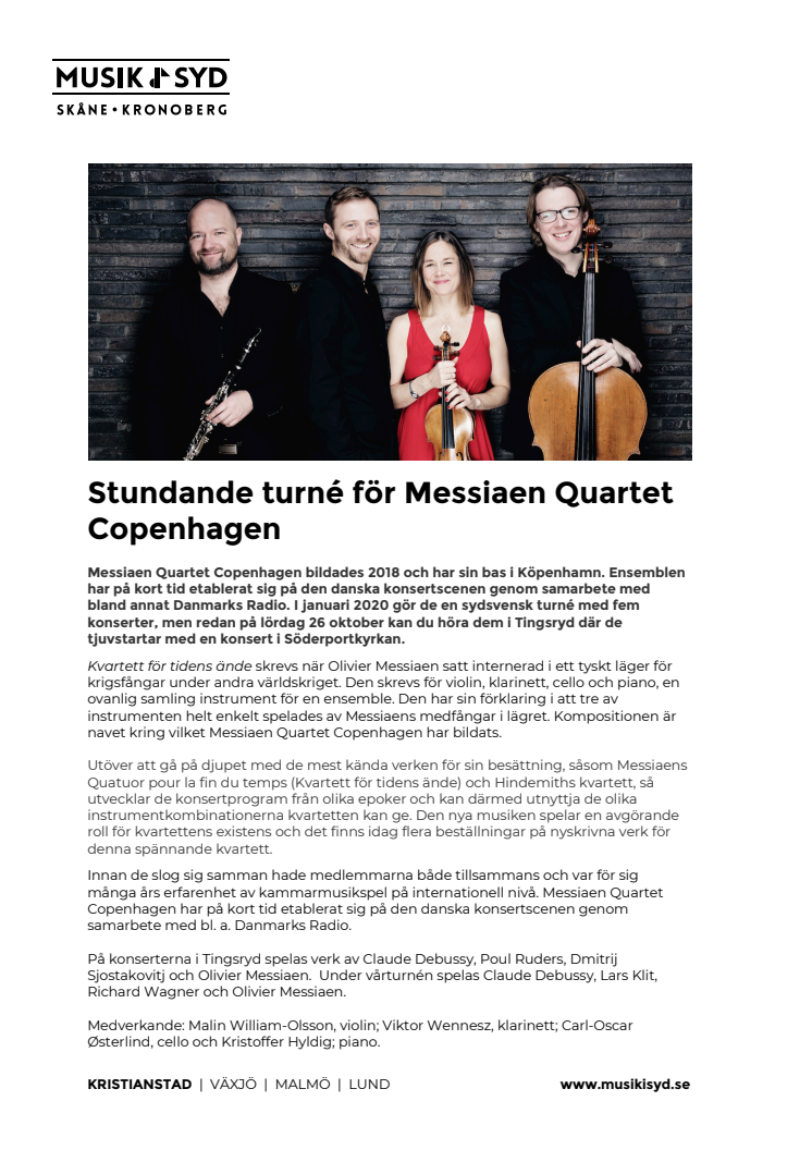 Stundande turné för Messiaen Quartet Copenhagen