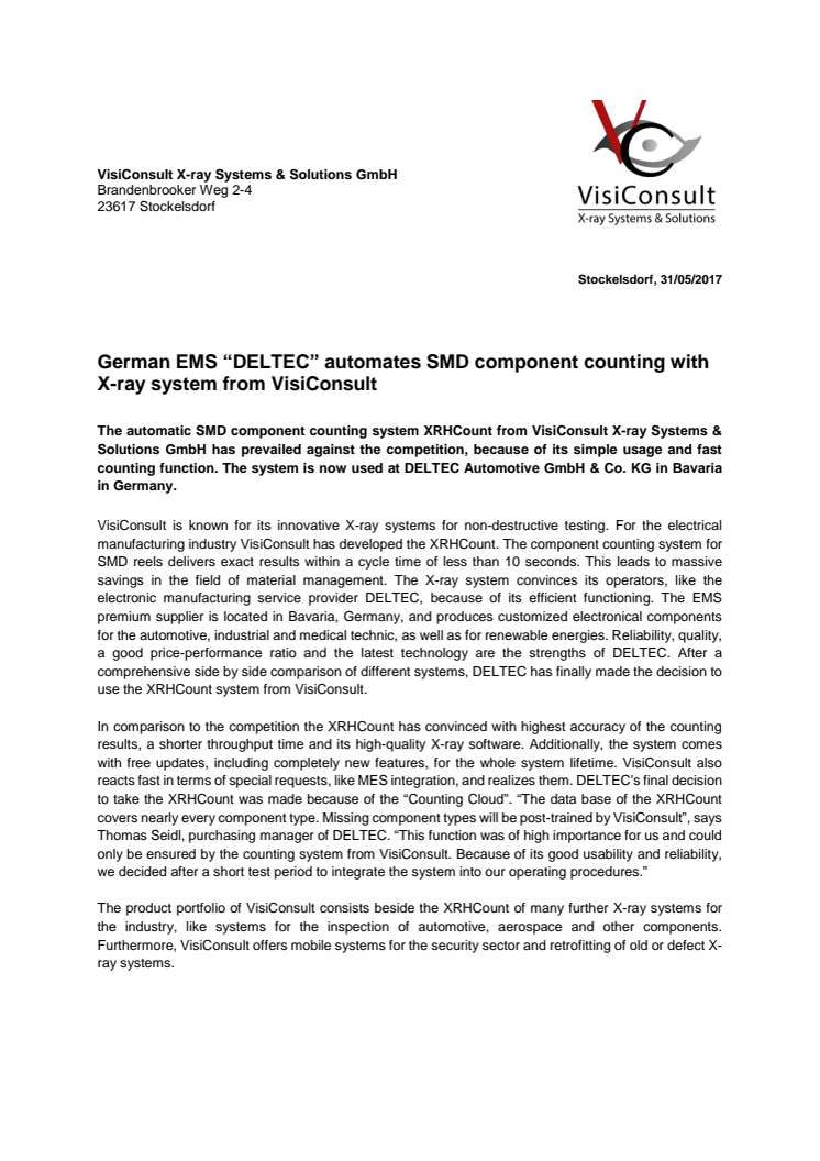 German EMS “DELTEC” automates SMD component counting with X-ray system from VisiConsult