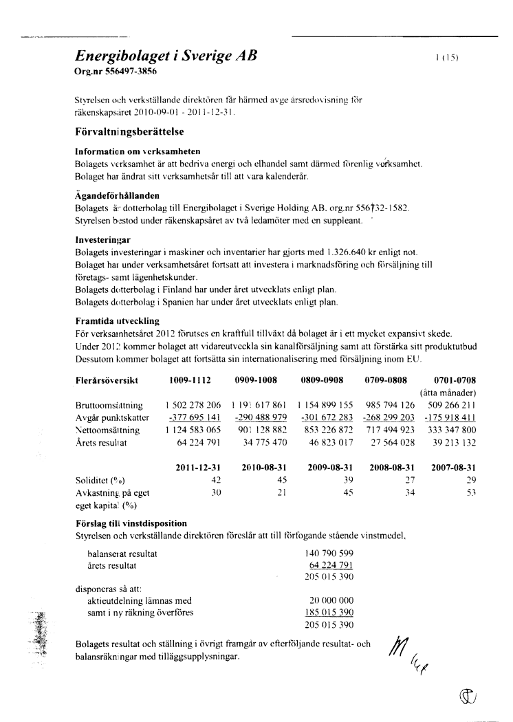 Energibolaget i Sverige AB - Bokslut 2010/2011