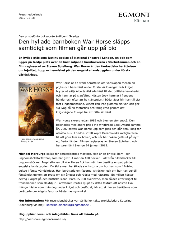 Den hyllade barnboken War Horse släpps samtidigt som filmen går upp på bio