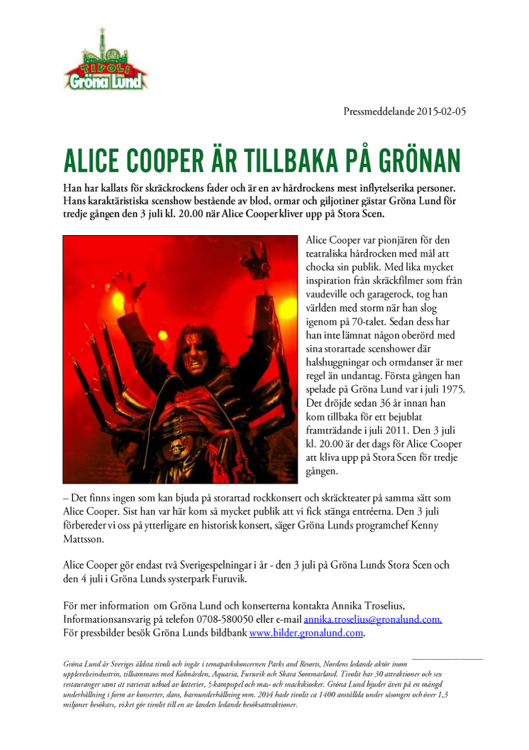 Alice Cooper är tillbaka på Grönan