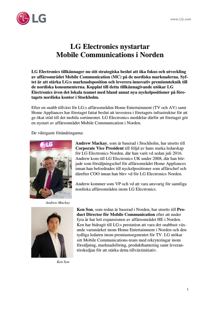LG Electronics nystartar  Mobile Communications i Norden