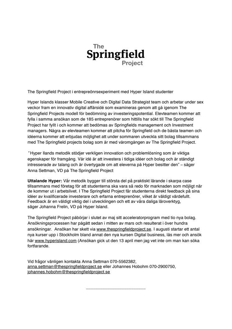 The Springfield Project i entreprenörsexperiment med Hyper Island studenter
