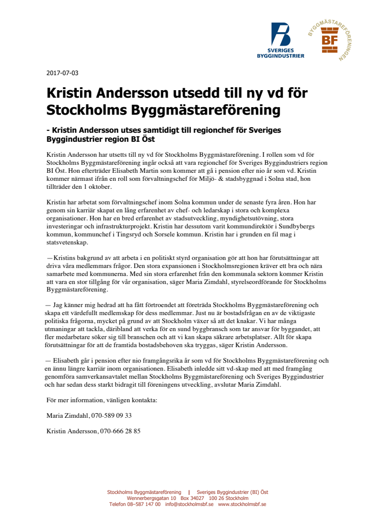Kristin Andersson utsedd till ny vd för Stockholms Byggmästareförening