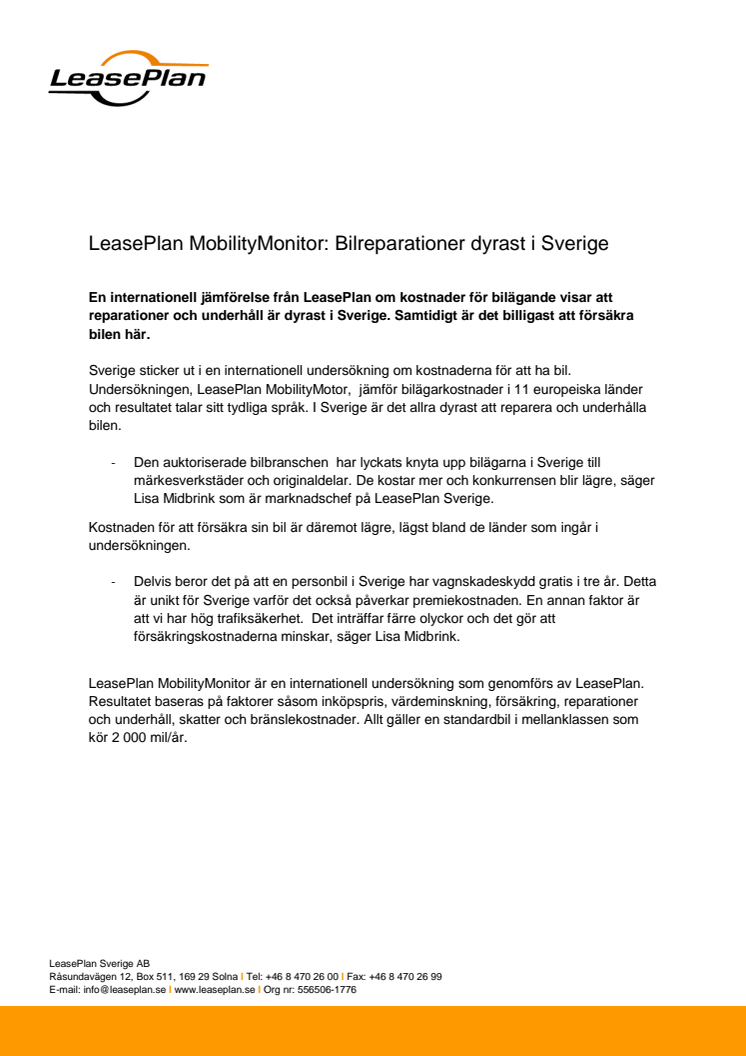 LeasePlan MobilityMonitor: Bilreparationer dyrast i Sverige