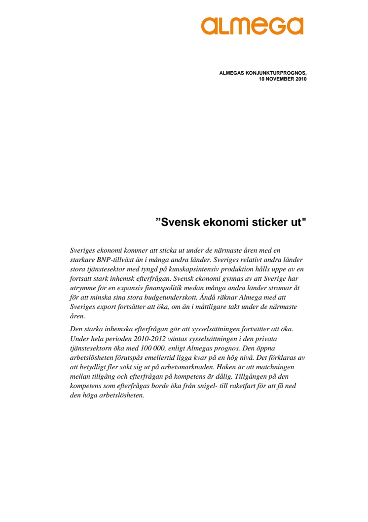 Konjunkturprognos från Almega hösten 2010