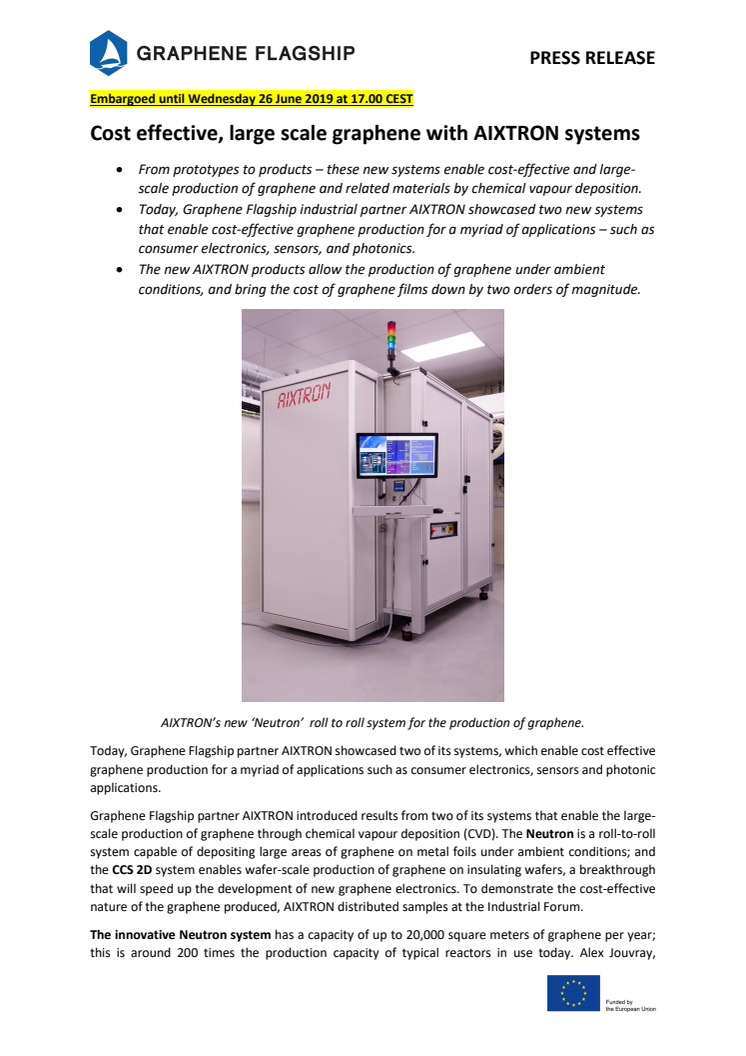 Cost effective, large scale graphene with AIXTRON systems