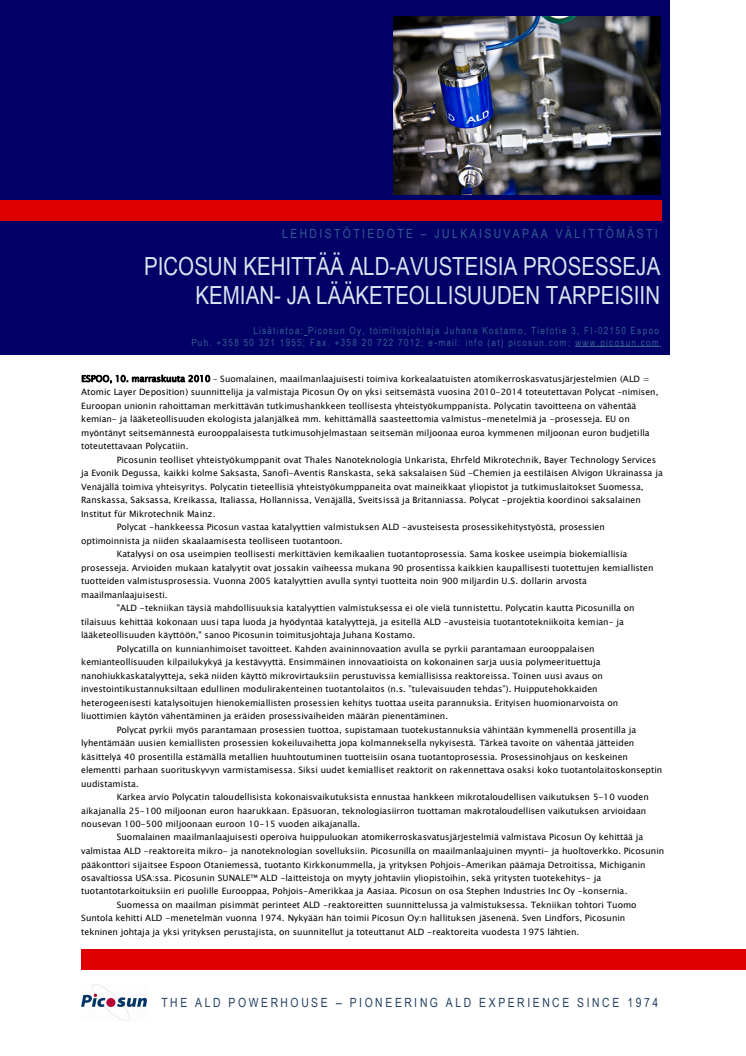 Picosun kehittää ALD-avusteisia prosesseja kemian- ja lääketeollisuuden aloilla