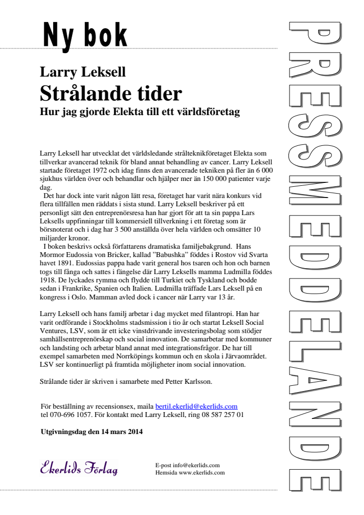 Ny bok: Strålande tider - hur jag gjorde Elekta till ett världsföretag av Larry Leksell