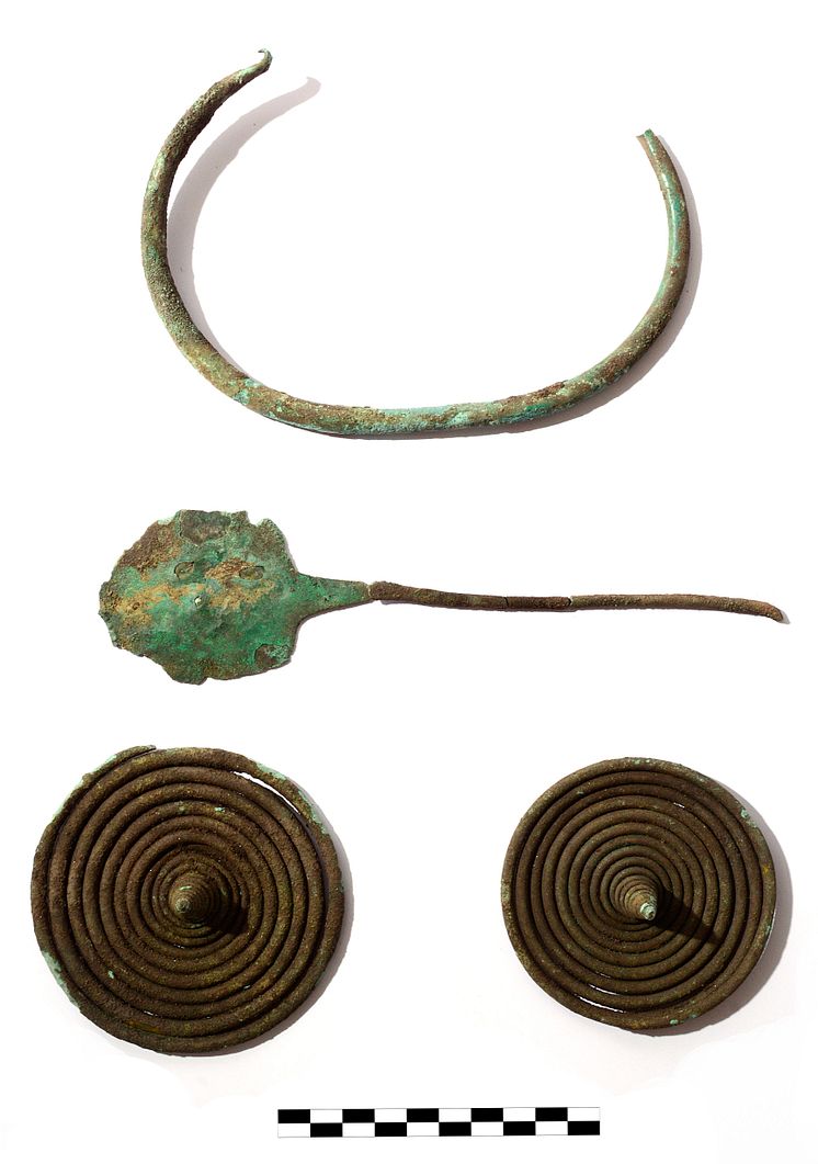 Eindeutige Fundstücke aus Bronze: Die beiden geborgenen Spiralen (unten), eine Fibel (Mitte) und ein Halsring gehören zu einer Frauentracht. 