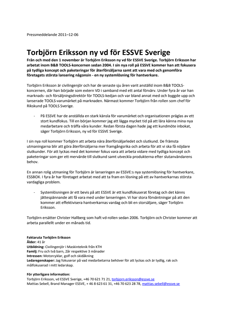 Torbjörn Eriksson ny vd för ESSVE Sverige