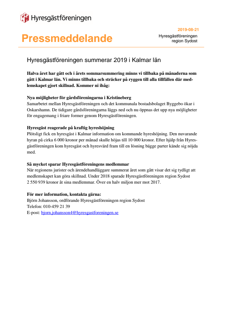 ​Hyresgästföreningen summerar 2019 i Kalmar län