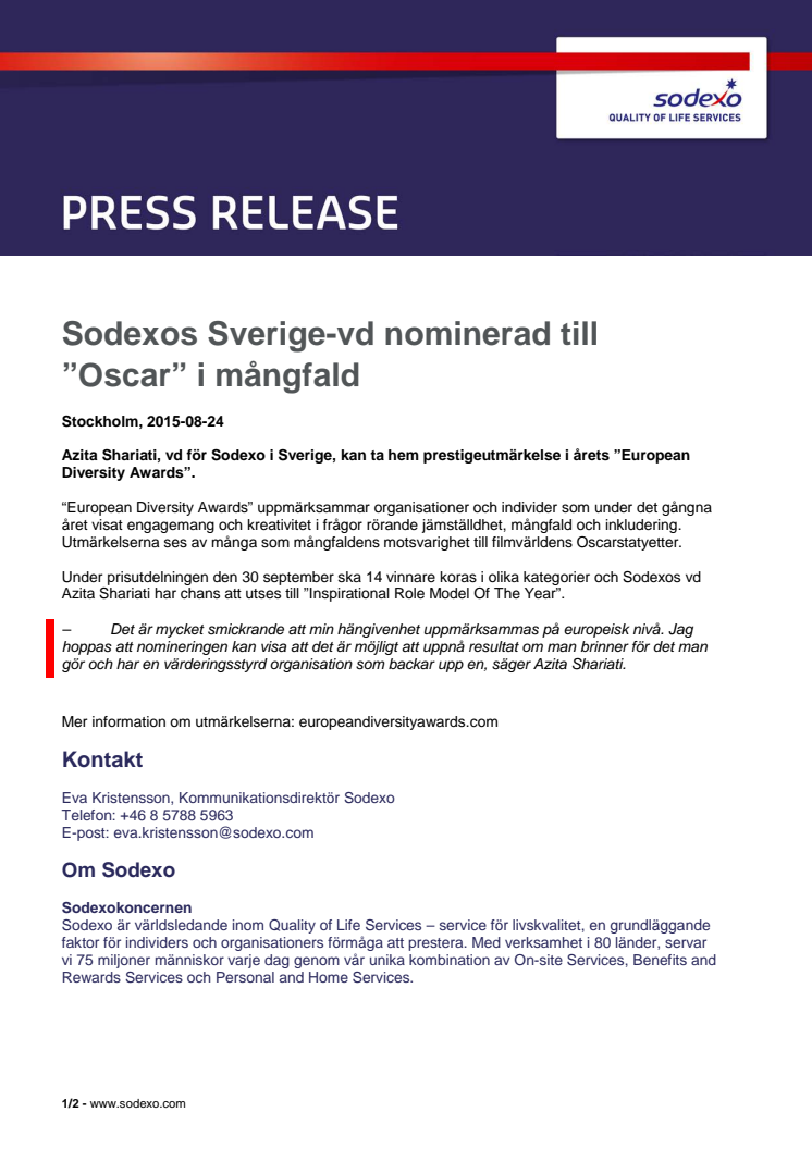 Sodexos Sverige-vd nominerad till ”Oscar” i mångfald