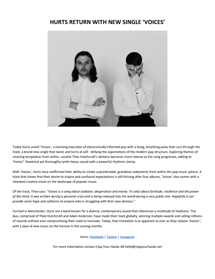 Hurts "Voices" - engelsk pressrelease