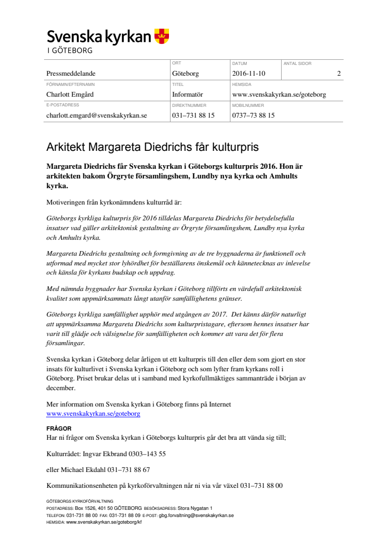 Arkitekt Margareta Diedrichs får kulturpris