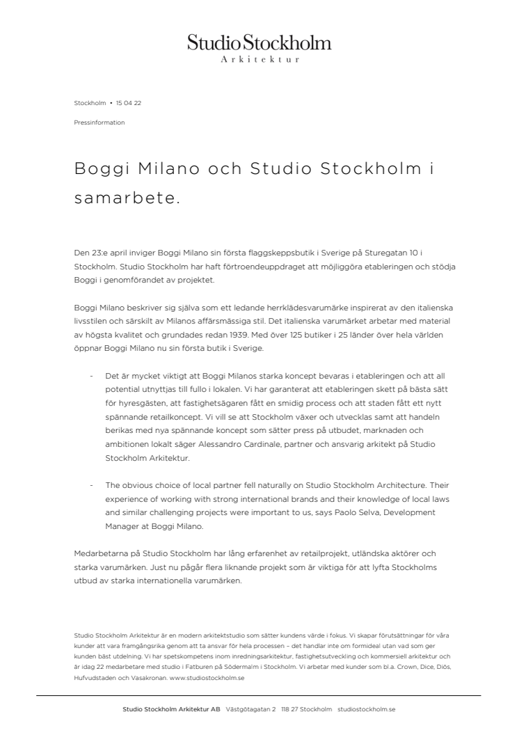 Boggi Milano och Studio Stockholm i samarbete