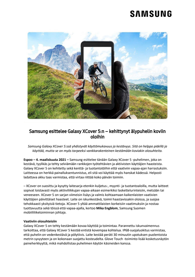 Samsung esittelee Galaxy XCover 5:n – kehittynyt älypuhelin koviin oloihin