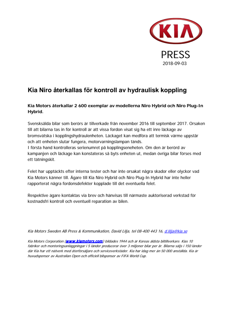 Kia Niro återkallas för kontroll av hydraulisk koppling