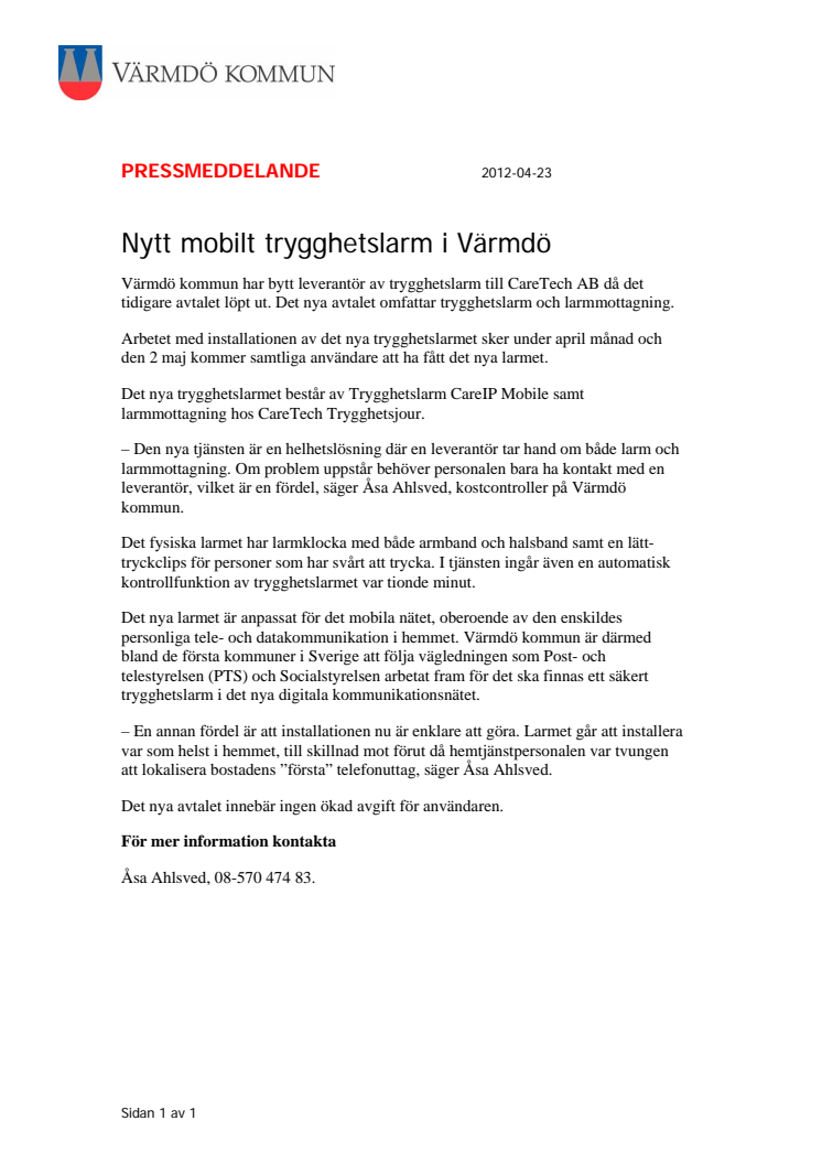 Nytt mobilt trygghetslarm i Värmdö
