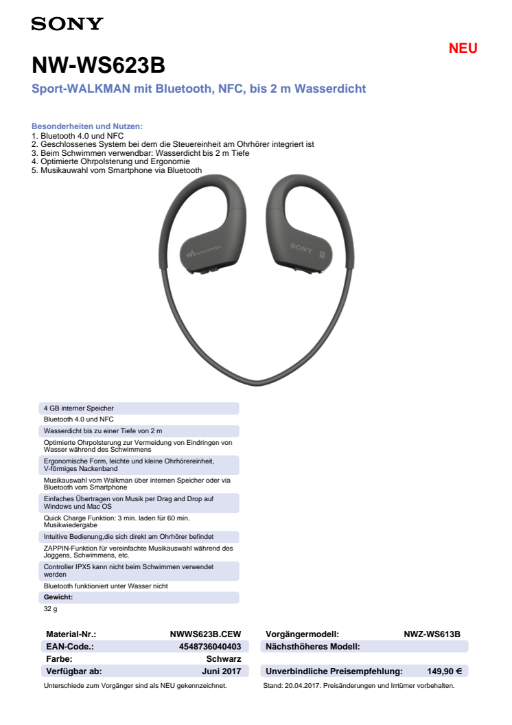 Datenblatt WALKMAN NW-WS623 von Sony