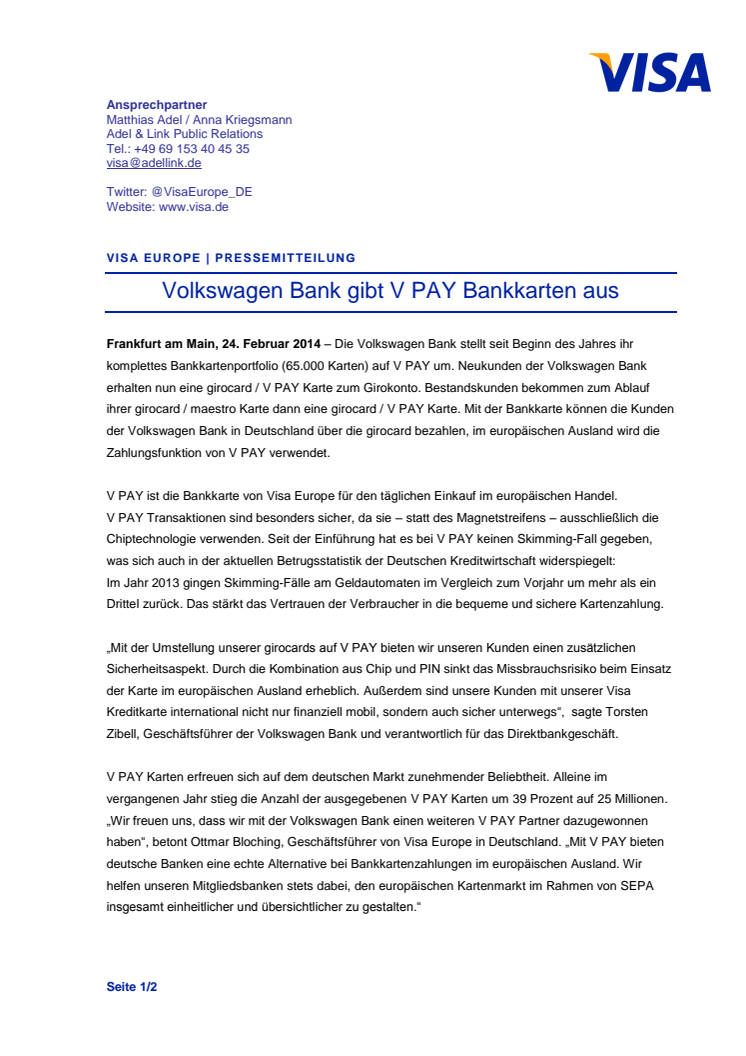 Volkswagen Bank gibt V PAY Bankkarten aus