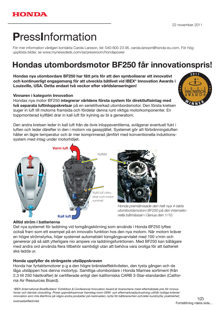 Hondas utombordsmotor BF250 har fått innovationspris