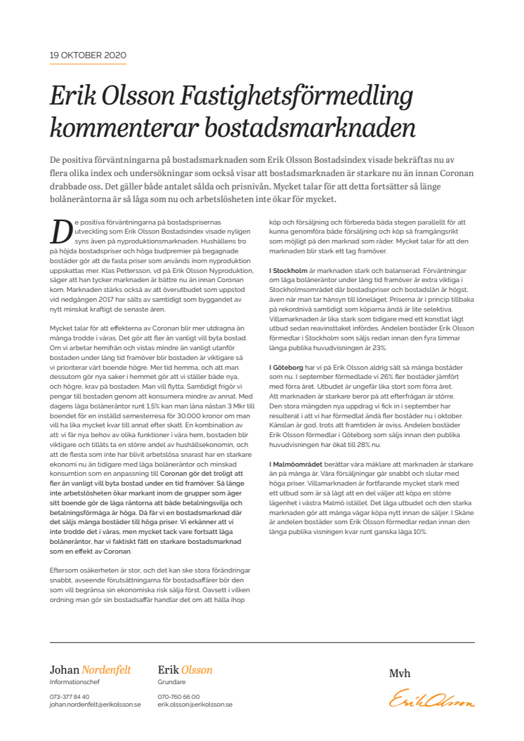 Erik Olsson Fastighetsförmedling kommenterar bostadsmarknaden 19 oktober 2020