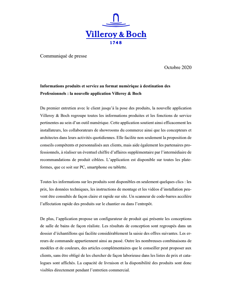 Informations produits et service au format numérique à destination des professionnels - la nouvelle application Villeroy & Boch 