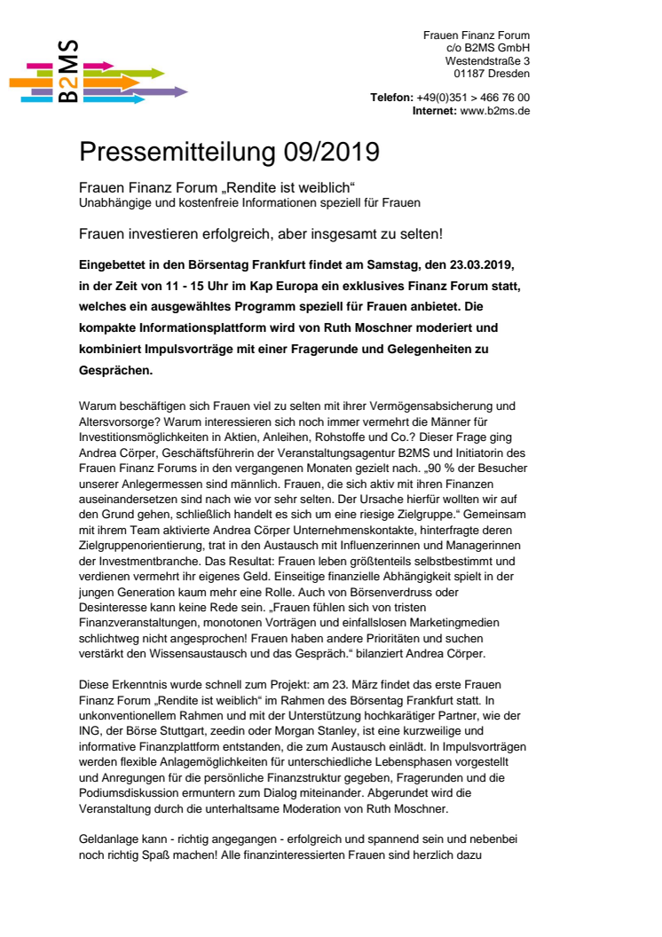 Frauen investieren erfolgreich, aber insgesamt zu selten! - Frauen Finanz Forum am 23.03.2019 in Frankfurt