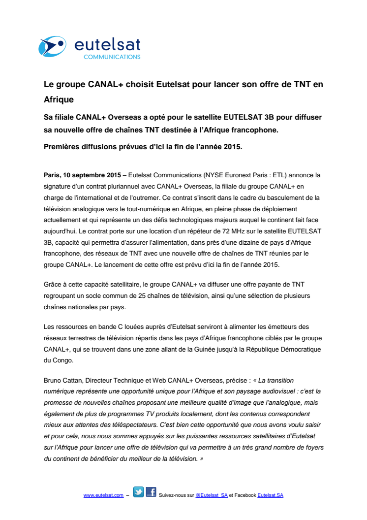 Le groupe CANAL+ choisit Eutelsat pour lancer son offre de TNT en Afrique
