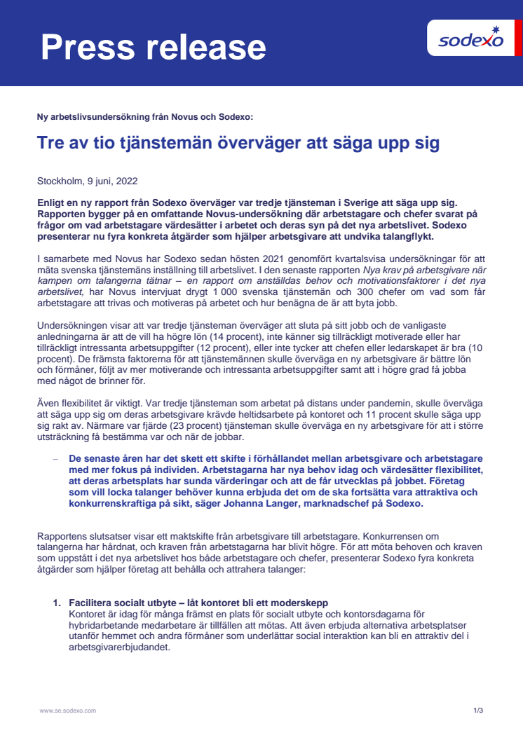 Pressmeddelande- ny undersökning från Novus och Sodexo- tre av tio tjänstemän överväger att säga upp sig.pdf