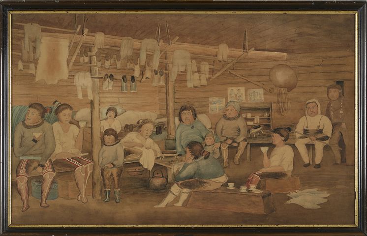 000062406 beskåret_Akvarel af ubk: Interiør fra et grønlandsk træhus_Museet for Søfart