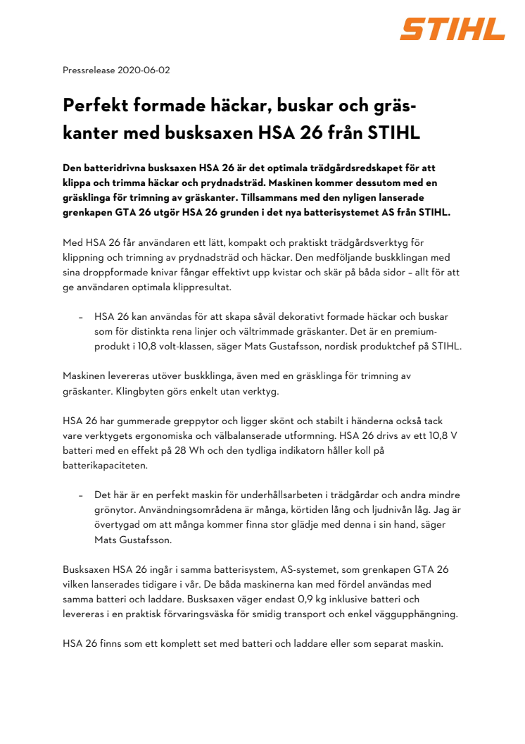 Perfekt formade häckar, buskar och gräskanter med busksaxen HSA 26 från STIHL