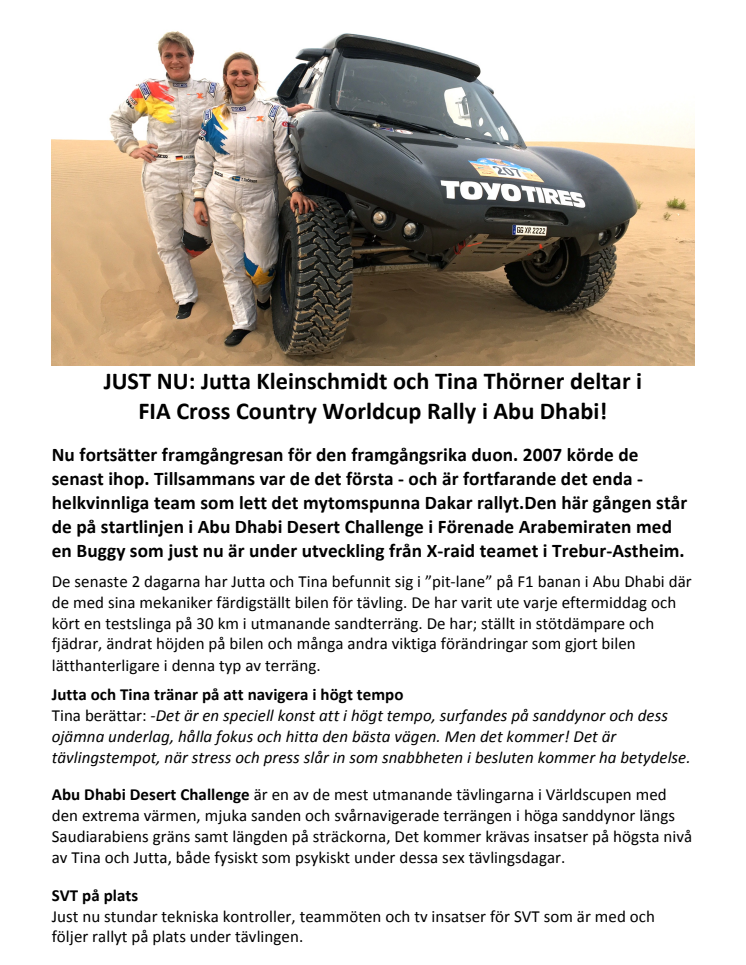 JUST NU: Jutta Kleinschmidt och Tina Thörner deltar i FIA Cross Country Worldcup Rally i Abu Dhabi!