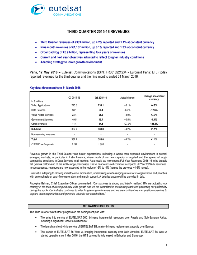 THIRD QUARTER 2015-16 REVENUES  