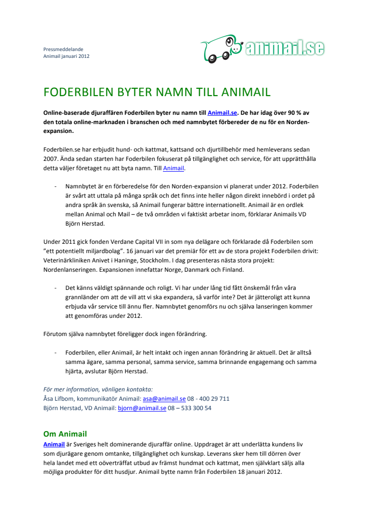 Foderbilen byter namn till Animail