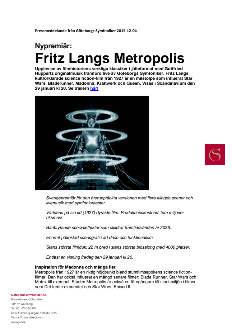 Nypremiär: Fritz Langs kultfilm Metropolis