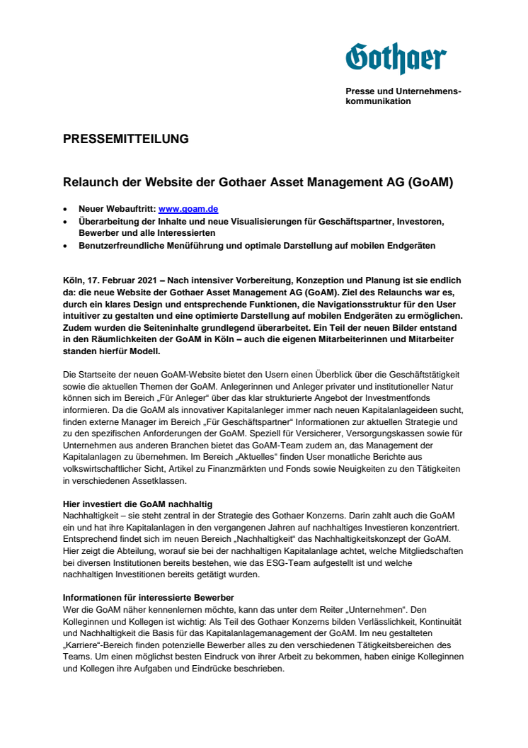 Relaunch der Website der Gothaer Asset Management AG (GoAM)