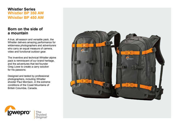 Lowepro Whistler, produktspecifikation