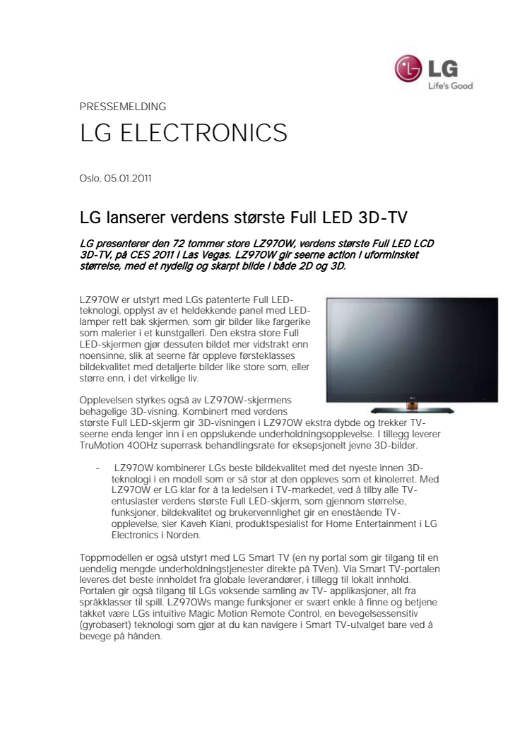 LG lanserer verdens største Full LED 3D-TV