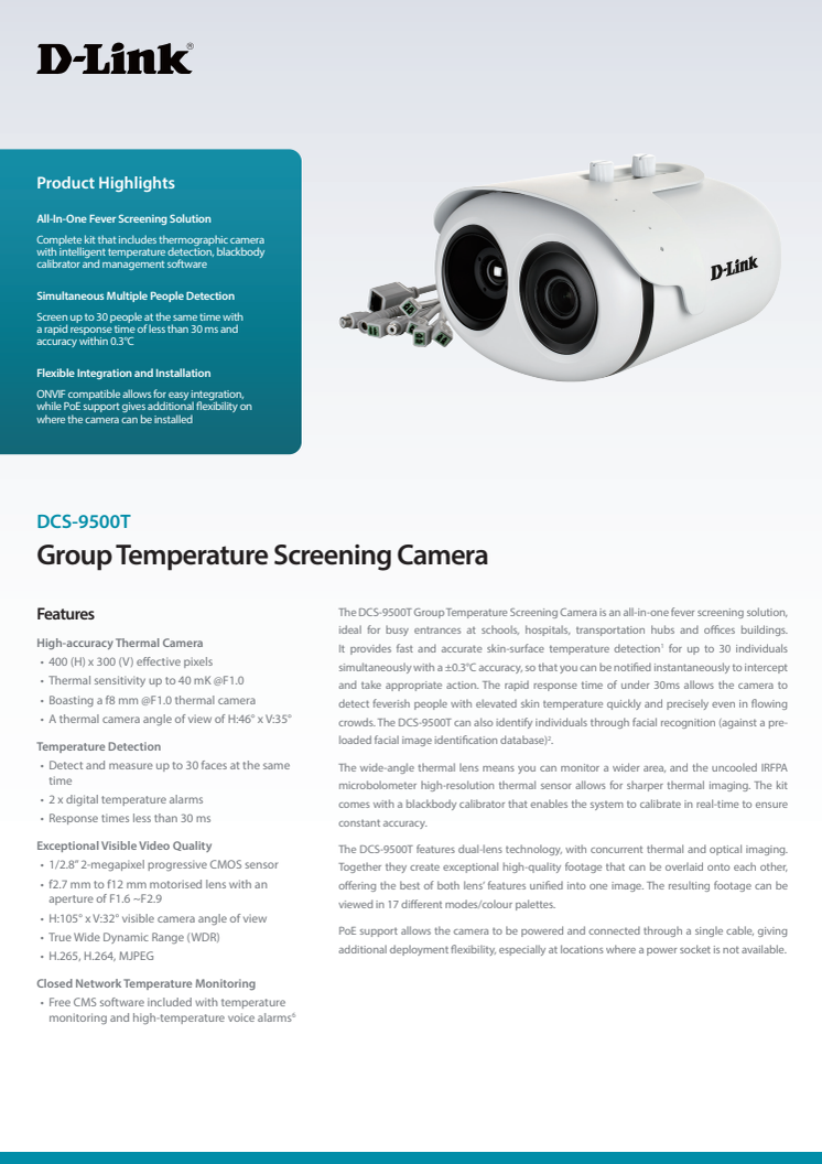 Datablad, DCS‑9500T Group Temperature Screening Camera