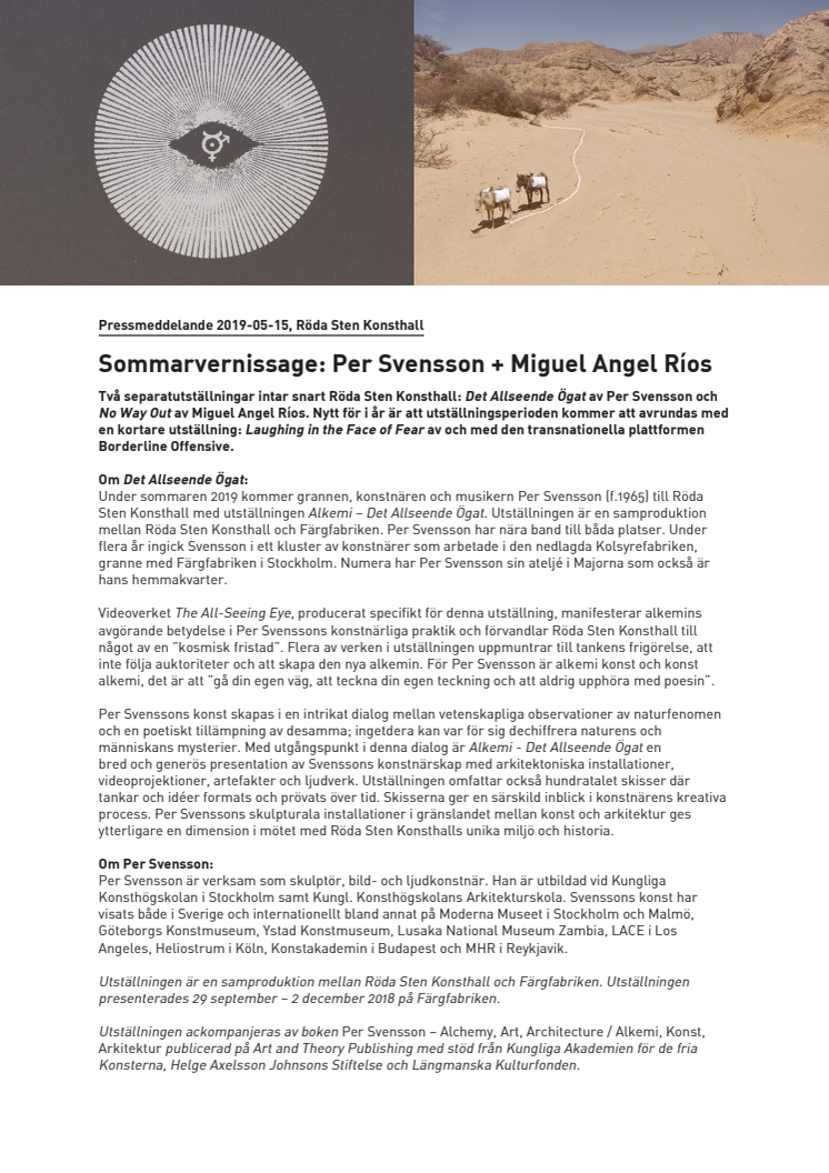 Sommarvernissage på Röda Sten Konsthall: Per Svensson + Miguel Angel Ríos