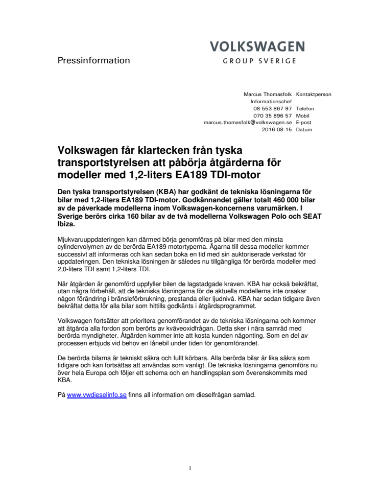 Volkswagen får klartecken från tyska transportstyrelsen att påbörja åtgärderna för modeller med 1,2-liters EA189 TDI-motor