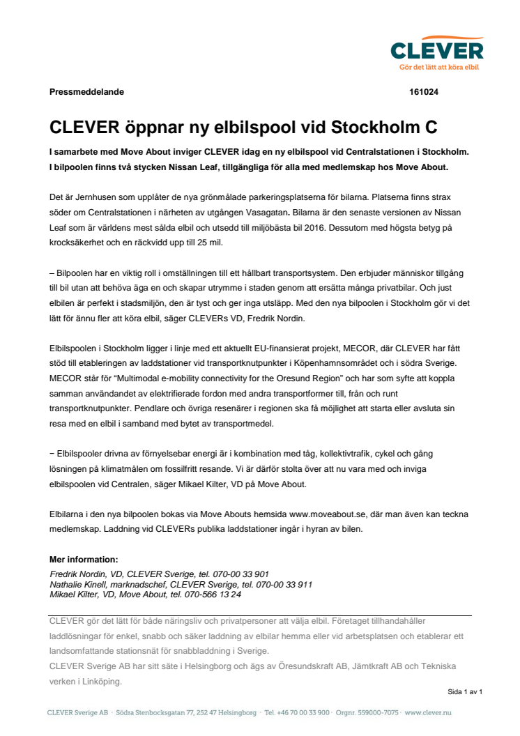 CLEVER öppnar ny elbilspool vid Stockholm C