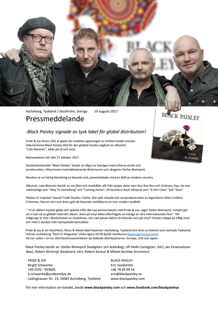 Svenska debutanterna Black Paisley signade av tysk label för global distribution!
