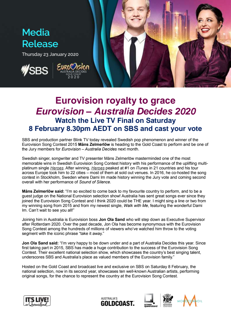 Måns Zelmerlöw to grace  Eurovision – Australia Decides 2020 