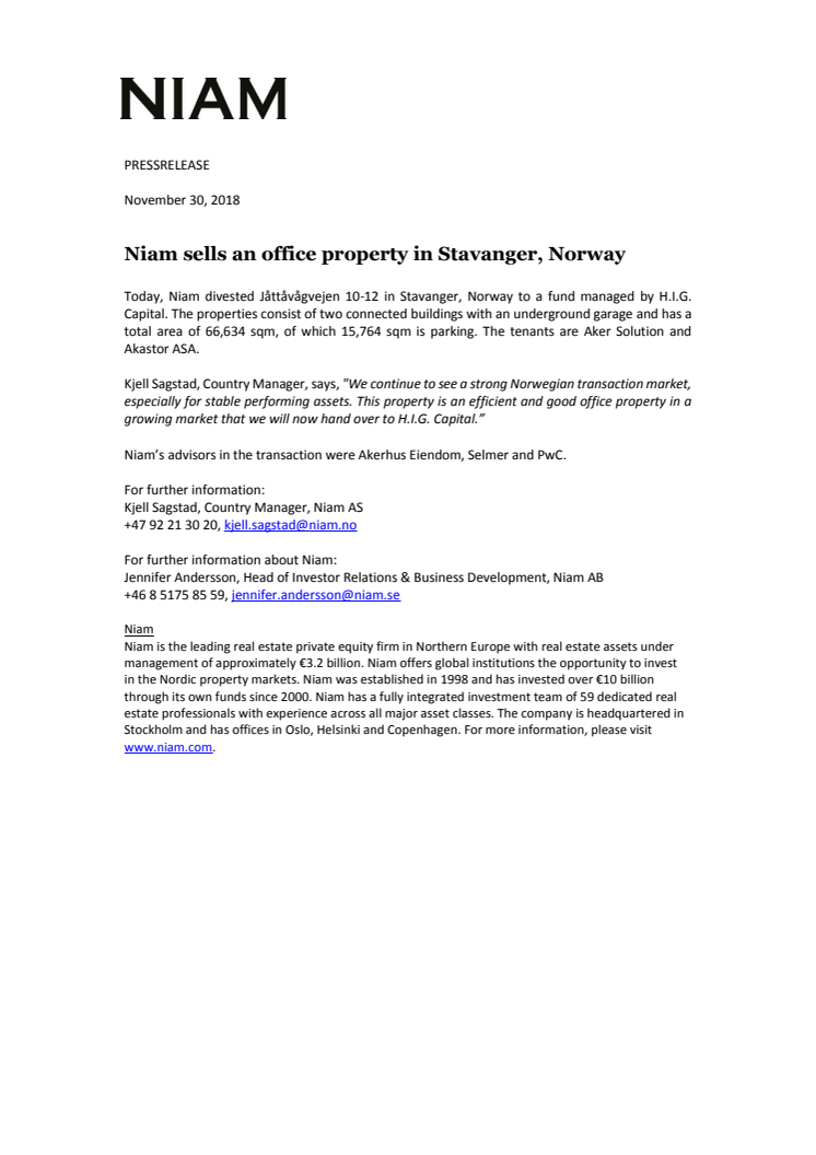 Niam sells an office property in Stavanger, Norway