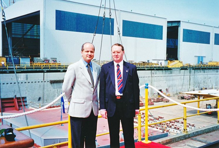 Stephen Payne (right) owner's Project Manager with Loris Di Giorgio, shipyard Project Manager, at the keel laying of Rotterdam VI.jpg